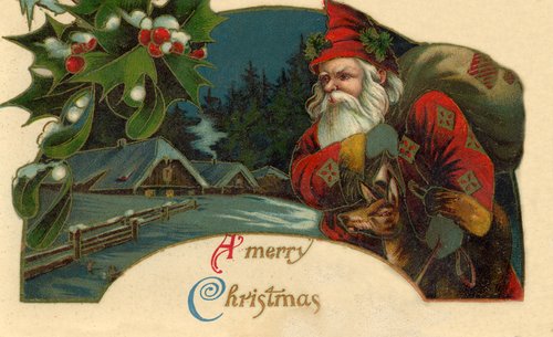 Victorian Christmas Card with Santa and Holly Die-Cut