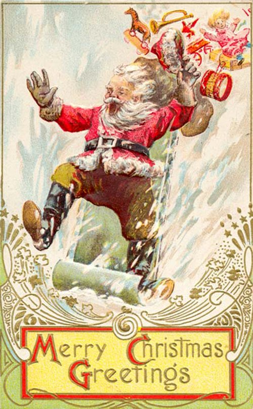 Early 1900s Santa Christmas Card with Rocking Horse and Toys