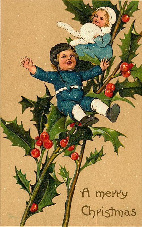 Victorian Christmas Card with Children and Holly