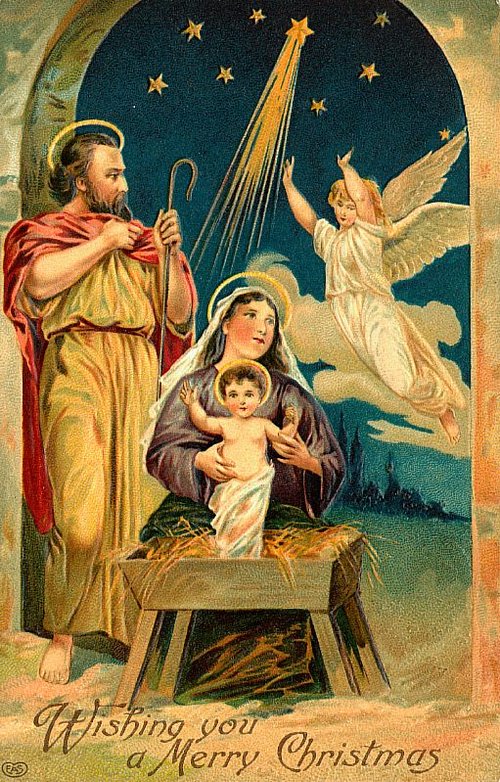 Victorian Nativity Christmas Greeting Card with Angel & Holy Family