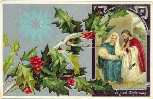 Victorian Christmas Card with Holly & Nativity Scene