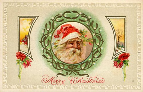 Victorian Santa Claus Christmas Greeting Card with Holly Wreath