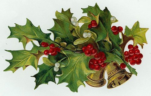 Victorian Holly & Bells Christmas Greeting Card Chromolithograph