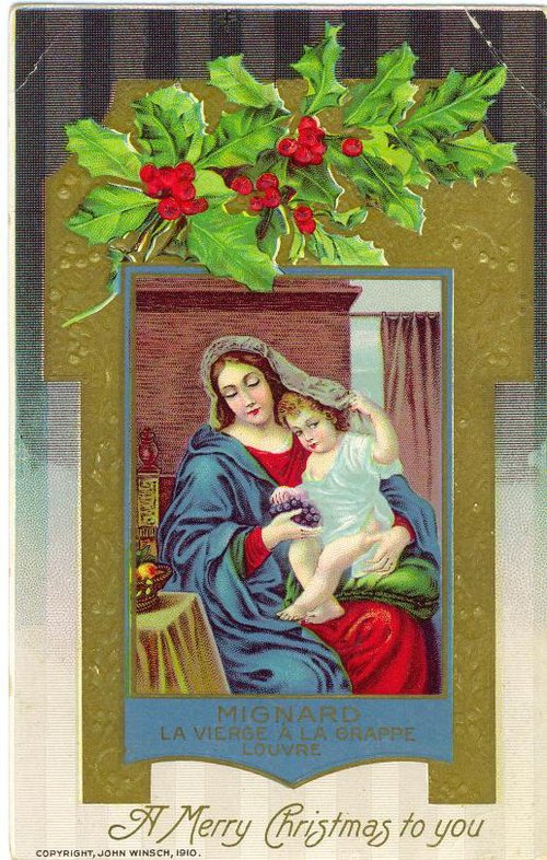Victorian Christmas Card with Madonna and Child, Holly Berries