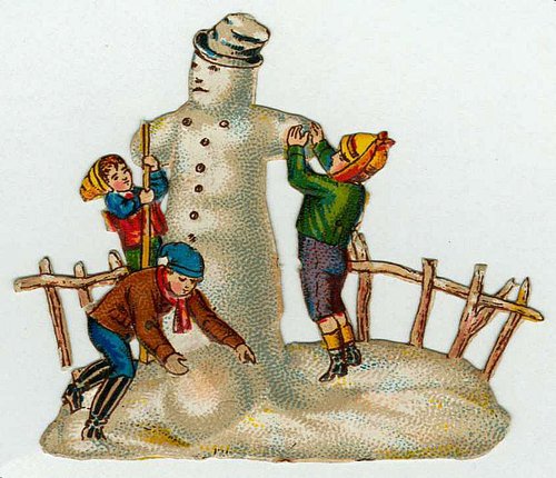 Victorian Snowman Greeting Card with Children Building Winter Scenes