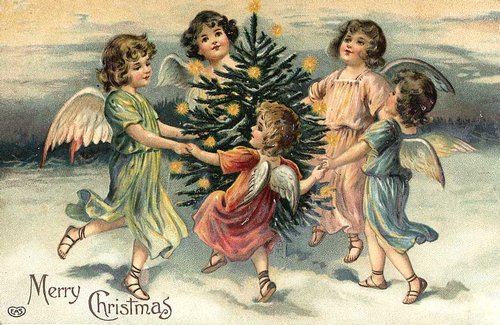 Victorian Christmas Angels Dancing Around Tree - Antique Greeting Card