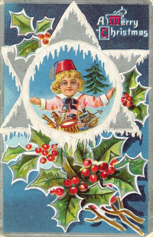 Vintage Christmas Card with Child in Winter Landscape, Early 1900s