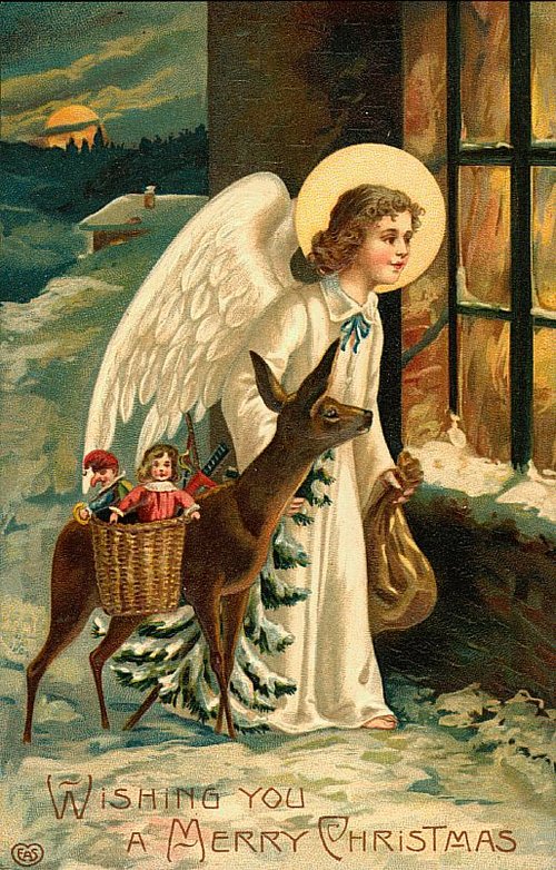 Victorian Angel Christmas Greeting Card with Reindeer & Children