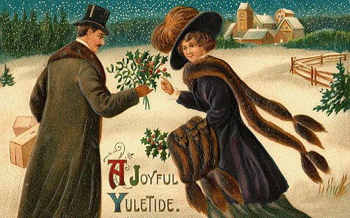 Victorian Yuletide Couple Mistletoe Greeting Card, 1890s