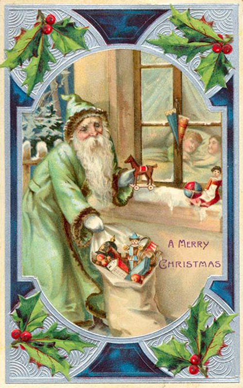 Victorian Christmas Card with Green-Robed Santa and Window Scene