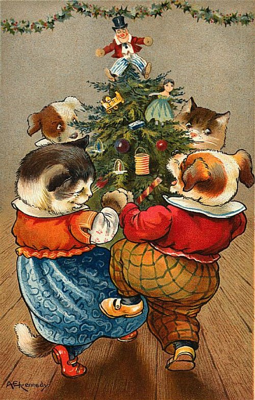 Victorian Dogs Christmas Tree Greeting Card, Anthropomorphic Holiday Art