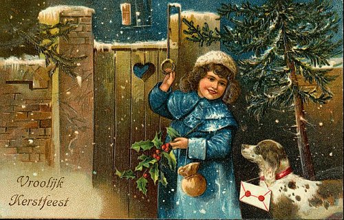 Vintage Dutch Christmas Card: Child at Snowy Gate with Holly