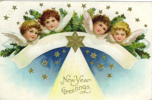 Victorian New Year Greetings Card with Angels and Stars