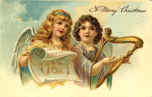 Victorian Christmas Angels Greeting Card with Harp and Scroll