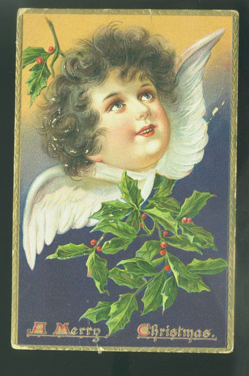 Victorian Christmas Angel Greeting Card with Holly, 1880s