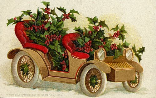 Vintage Christmas Car with Holly Berries 1908 Greeting Card