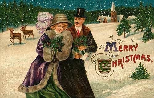 Victorian Christmas Couple with Holly - Vintage Greeting Card