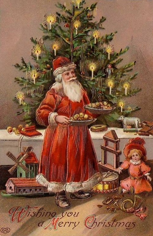 Victorian Santa Christmas Greeting Card with Toys & Illuminated Tree