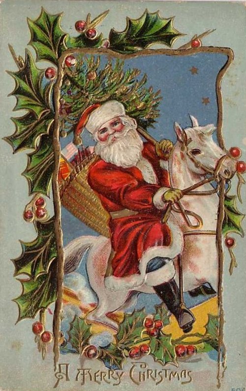 Victorian Santa on White Horse Christmas Greeting Card
