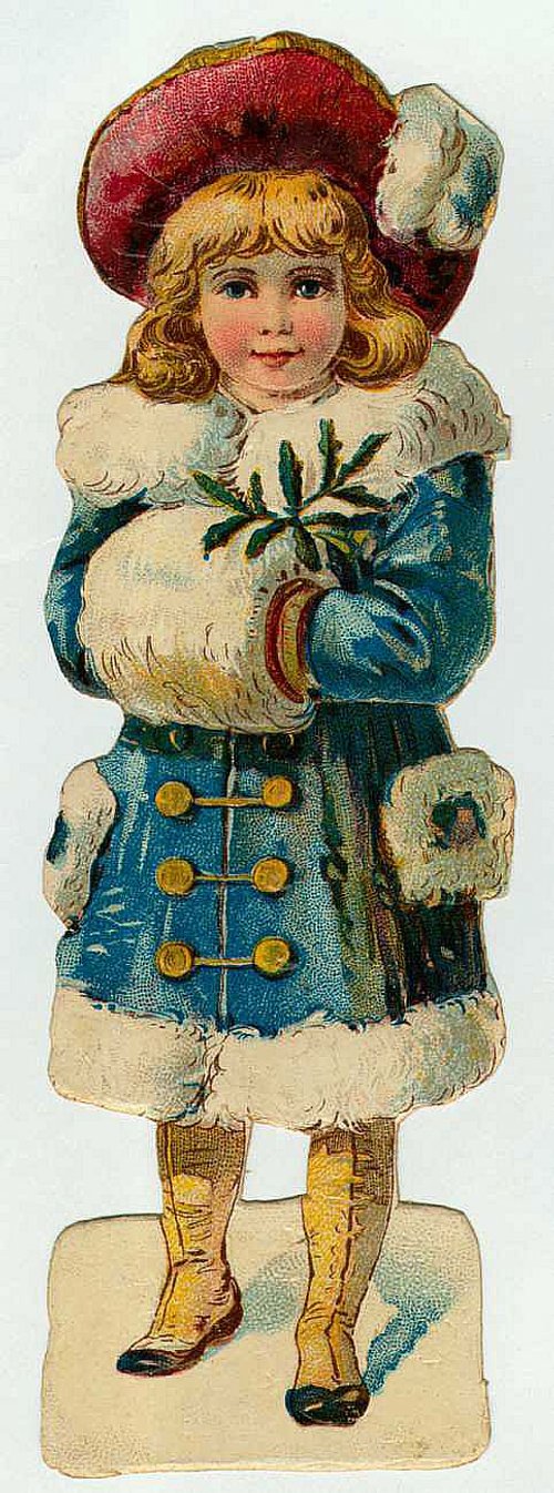 Victorian Christmas Child Die-Cut: Girl in Blue Coat & Red Hat