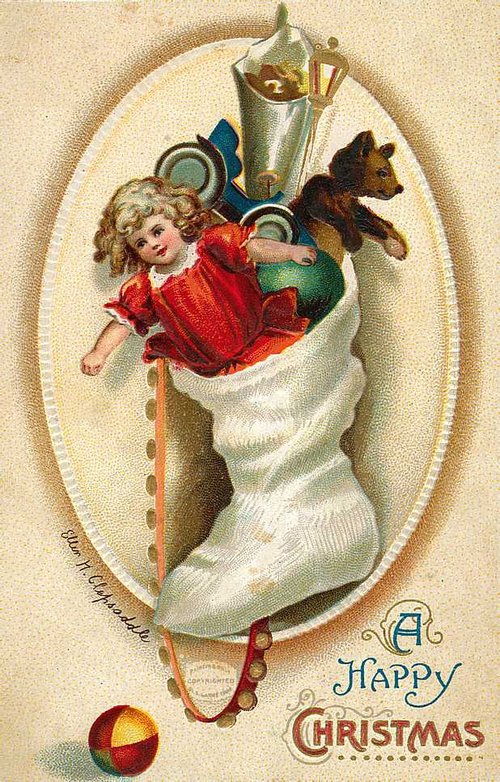 Victorian Christmas Card with Child & Toys in Stocking