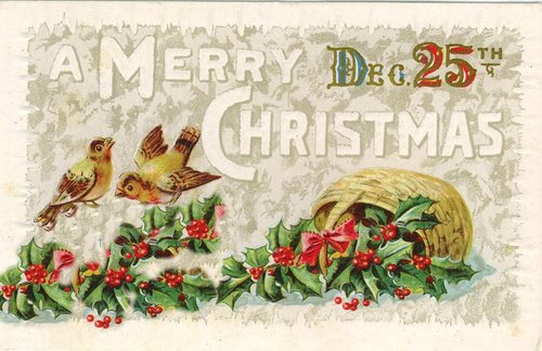 Victorian Christmas Greeting Card with Birds and Holly Basket