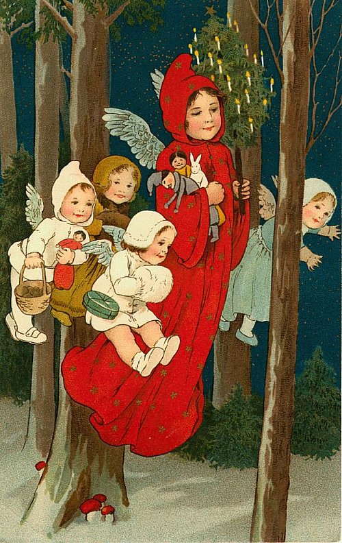 Victorian Christmas Angel Greeting Card with Children in Winter Forest