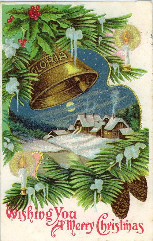 Vintage Edwardian Christmas Card with Bell and Snowy Village Scene