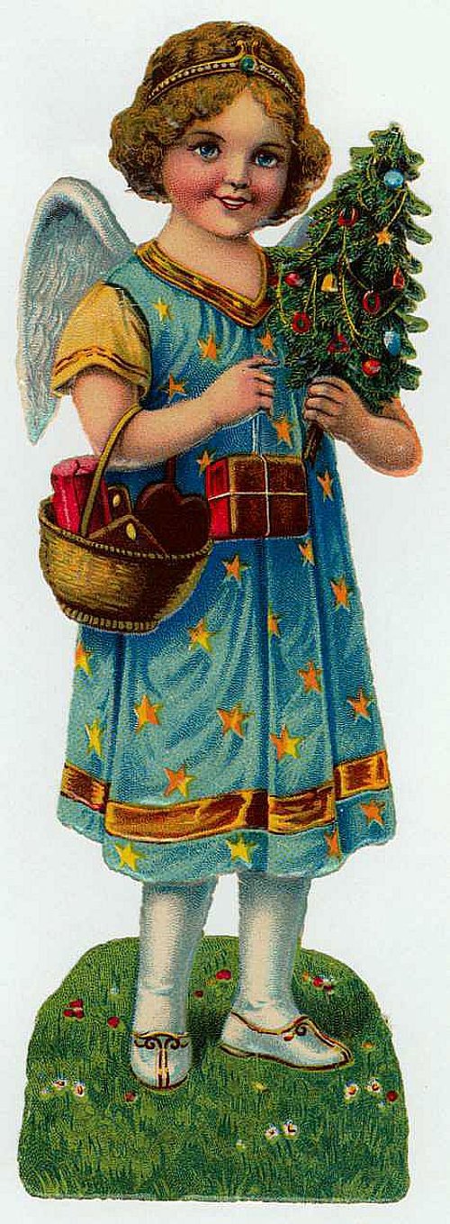 Victorian Angel Christmas Card with Decorated Tree & Gifts