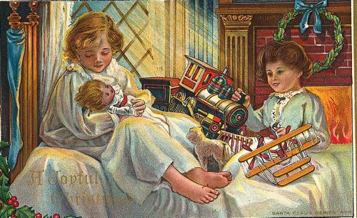 Edwardian Christmas Girls with Toys Vintage Greeting Card