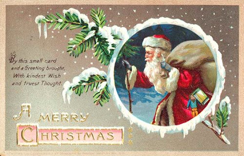 Vintage Victorian Christmas Card with Santa Claus in Snowy Frame