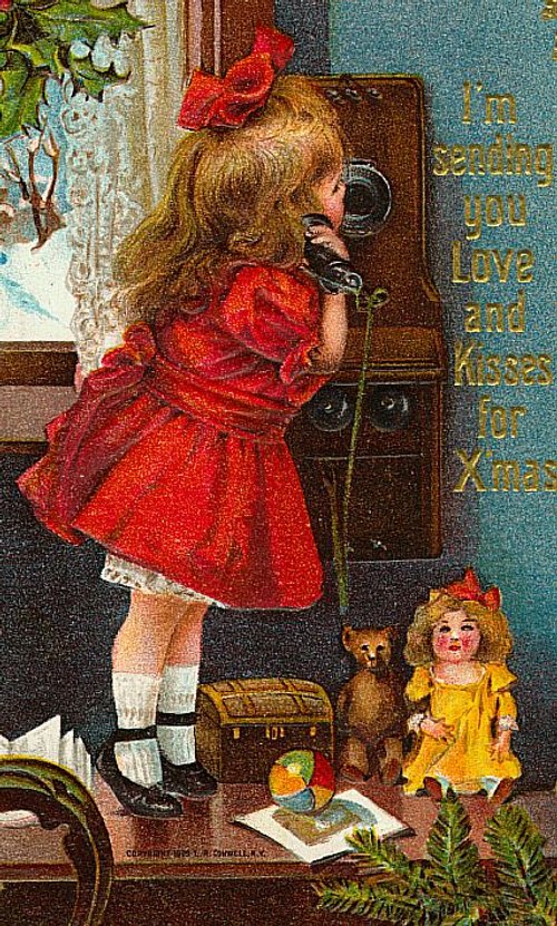 Victorian Girl in Red Dress Telephone Love Greeting Card
