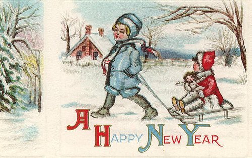 Victorian New Year Greeting Card: Children Sledding Winter Scene