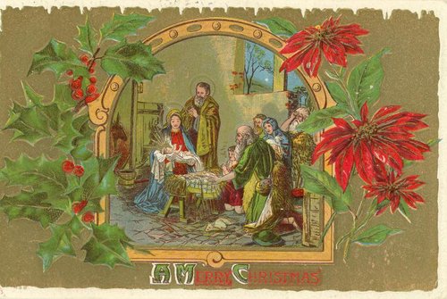 Victorian Christmas Greeting Card Nativity Scene Poinsettia Border