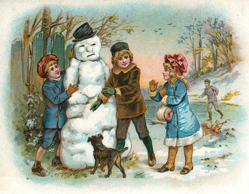 Victorian Children Building Snowman Winter Greeting Card