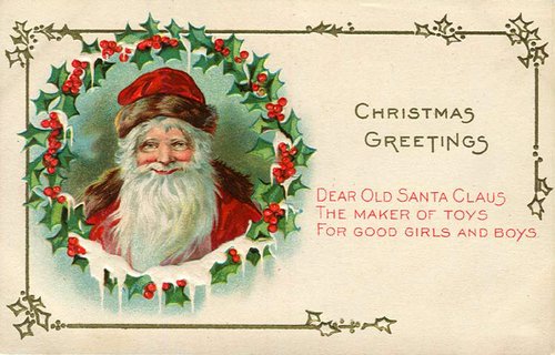 Victorian Santa Claus Christmas Greeting Card with Holly Wreath