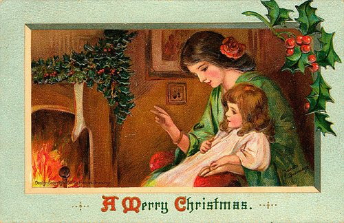 Victorian Christmas Card: Woman Child Fireplace Holly 1890s