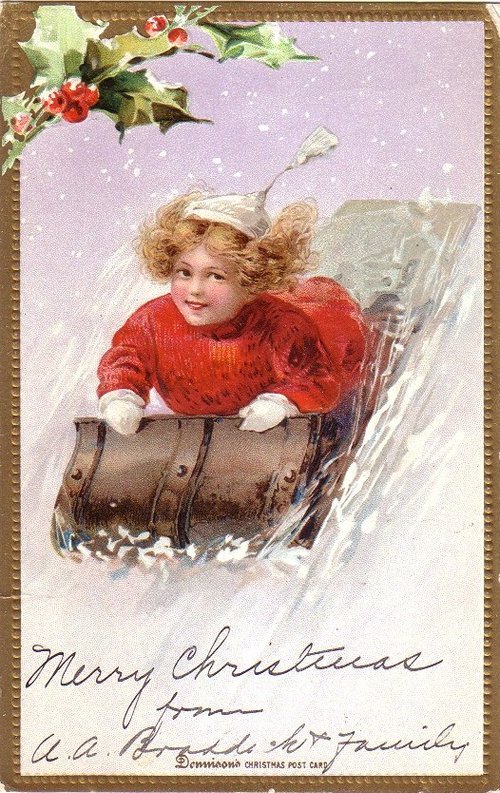 Vintage Christmas Card Child Sledding Snow Scene Edwardian