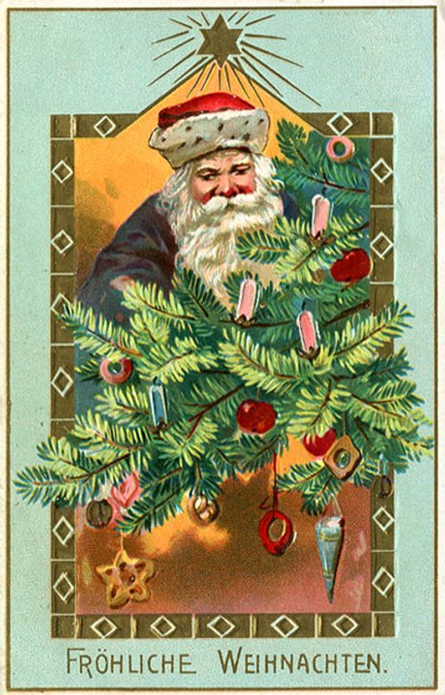 Vintage German Christmas Card Santa Christmas Tree 1890s