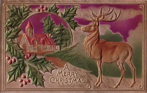 Victorian Christmas Card with Reindeer & Church Chromolithograph