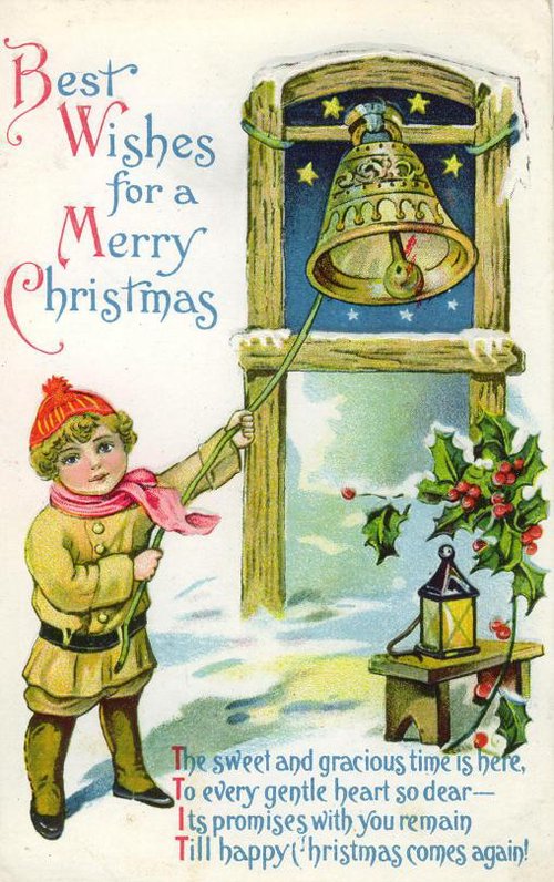 Vintage Christmas Greeting Card with Child & Bell, Early 1900s