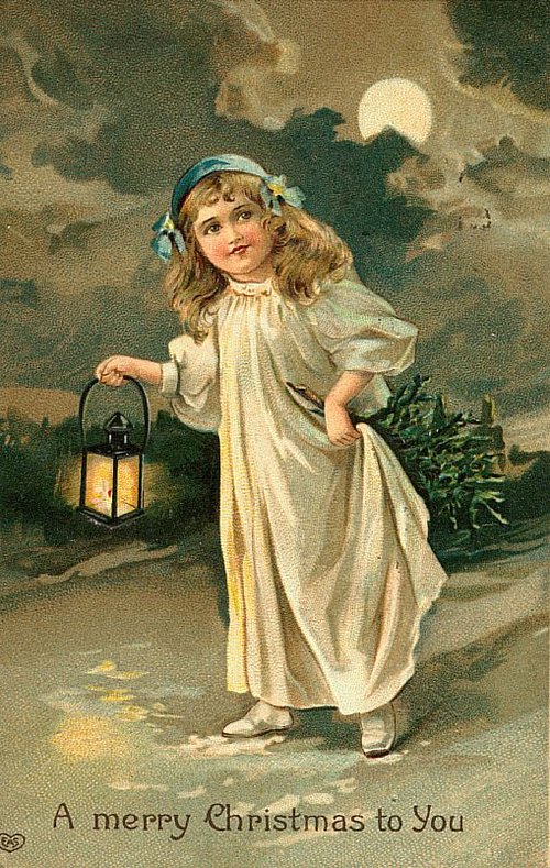 Victorian Christmas Angel Child with Lantern - Vintage Greeting Card