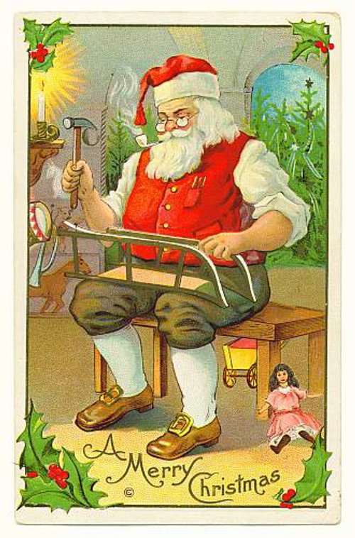 Victorian Santa Workshop Christmas Card | Vintage Toy Making Scene