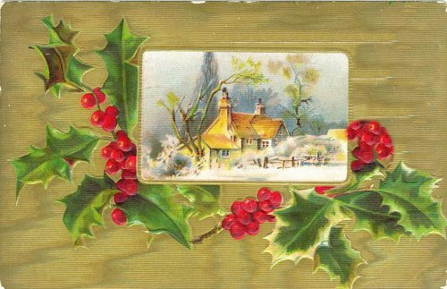 Victorian Christmas Cottage Holly Greeting Card, Gold Embossed