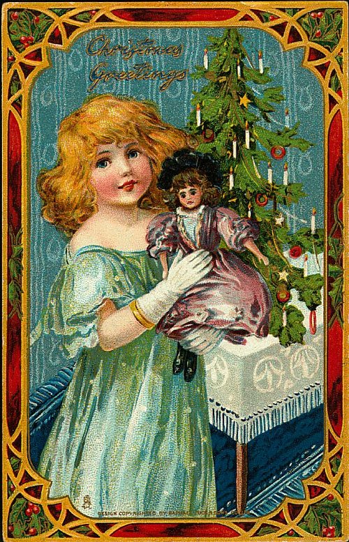 Victorian Christmas Greeting Card: Girl with Doll & Decorated Tree