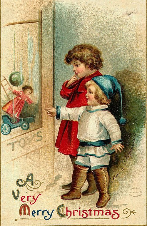 Victorian Christmas Greeting Card Children Toys Window Shop
