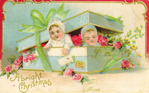 Victorian Christmas Greeting Card with Babies in Gift Box