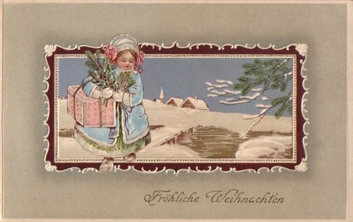 Vintage German Christmas Card: Winter Child with Gifts