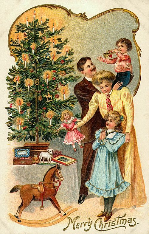 Victorian Christmas Greeting Card with Family & Decorated Tree