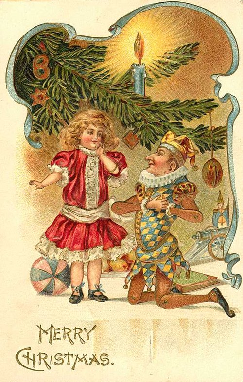 Victorian Christmas Card: Child & Jester Under Evergreen